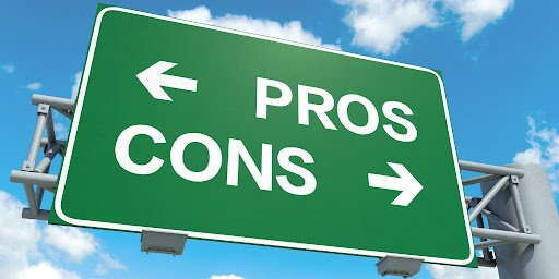 A green road sign with "PROS" and an arrow pointing left, and "CONS" with an arrow pointing right, set against a blue sky, illustrating the pros and cons of deferred compensation.