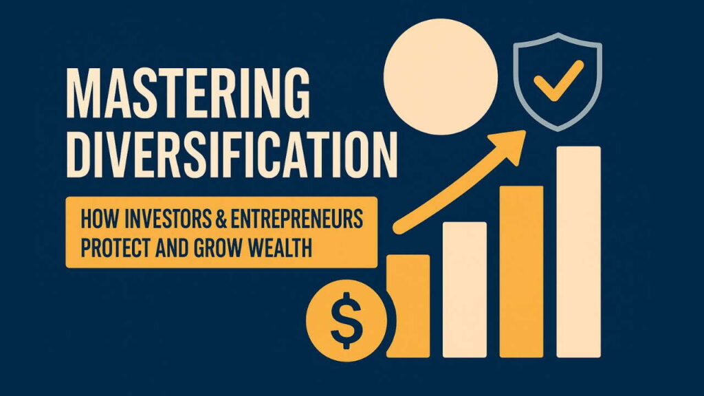 A graphic with the title "Mastering Diversification." It features a rising bar chart, a dollar symbol, a shield with a checkmark, and the text "How investment diversification strategies help investors & entrepreneurs protect and grow wealth.