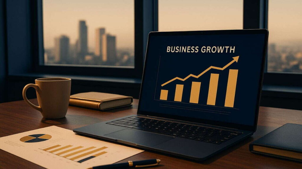 A laptop on a desk displays a rising bar graph with the text "Business Growth," highlighting portfolio growth strategies. Nearby are a coffee cup, a paper with charts, and a pen. City buildings are visible through the window in the background.