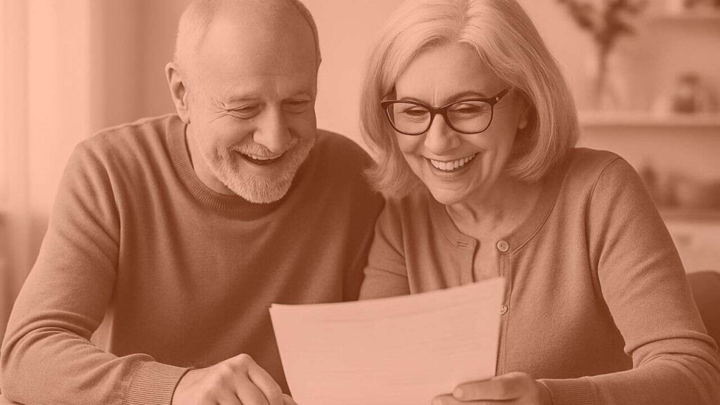 An older man and woman sit together smiling while looking at a document, suggesting happiness or satisfaction—perhaps they're reviewing wealth optimization for executives. The image has a warm, sepia-toned filter.