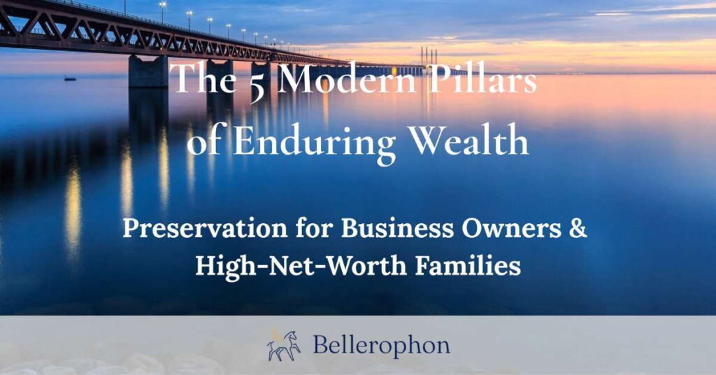 A long bridge over calm water at sunset, with text overlay: "The 5 Modern Pillars of Enduring Wealth. Modern wealth preservation for Business Owners & High-Net-Worth Families." Bellerophon logo appears at the bottom.