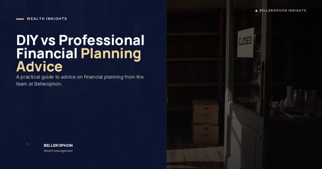 A split-screen graphic: left side has text "DIY vs Professional Financial Planning Advice" with a brief description; right side shows an empty shop interior with a glass door labeled "CLOSED" and boxes visible inside.