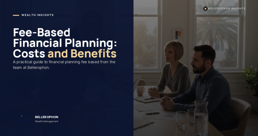 A presentation slide titled "Fee-Based Financial Planning: Costs and Benefits" with a description and two people sitting at a table in an office setting on the right side.