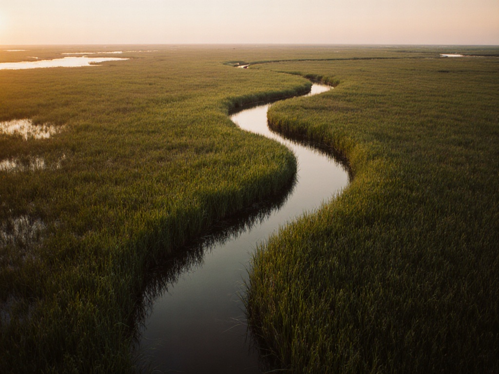 Aerial view of a Lowcountry tidal creek winding through marsh near Charleston, SC