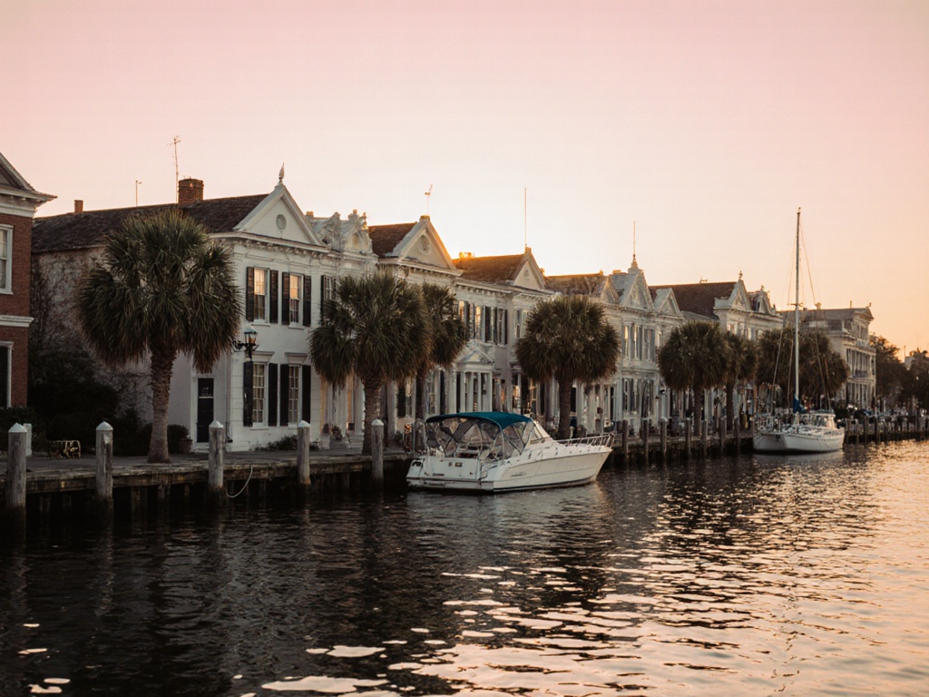 Charleston, SC Battery waterfront with historic mansions at sunset