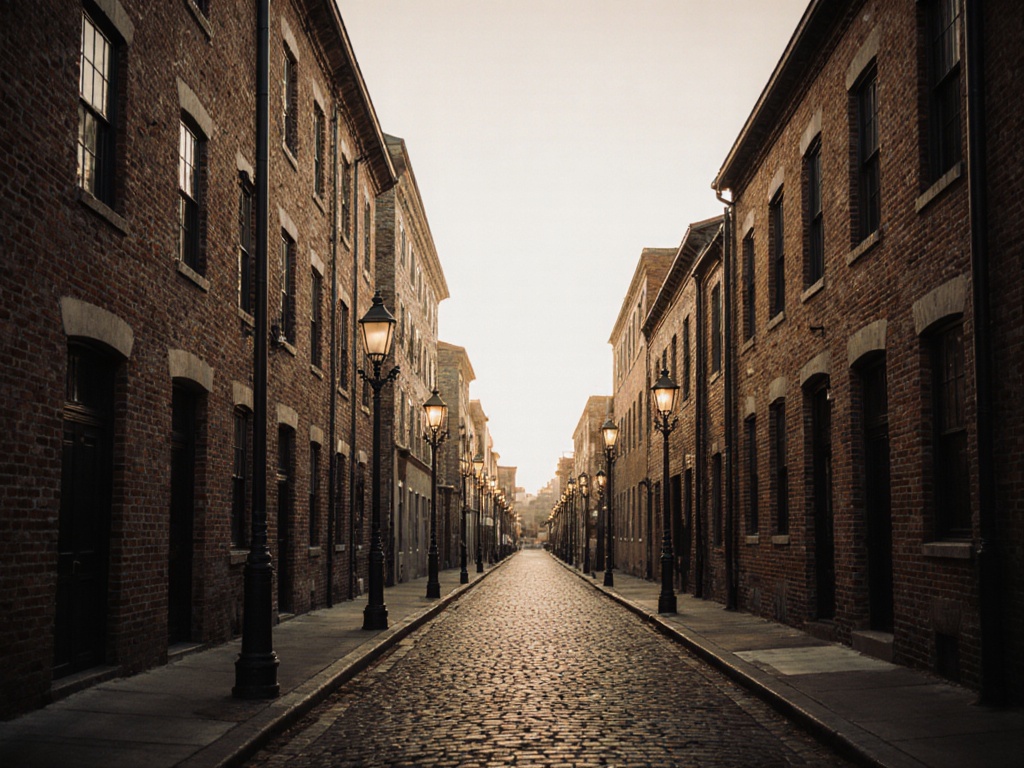 A historic cobblestone street with brick warehouses in Charleston, SC