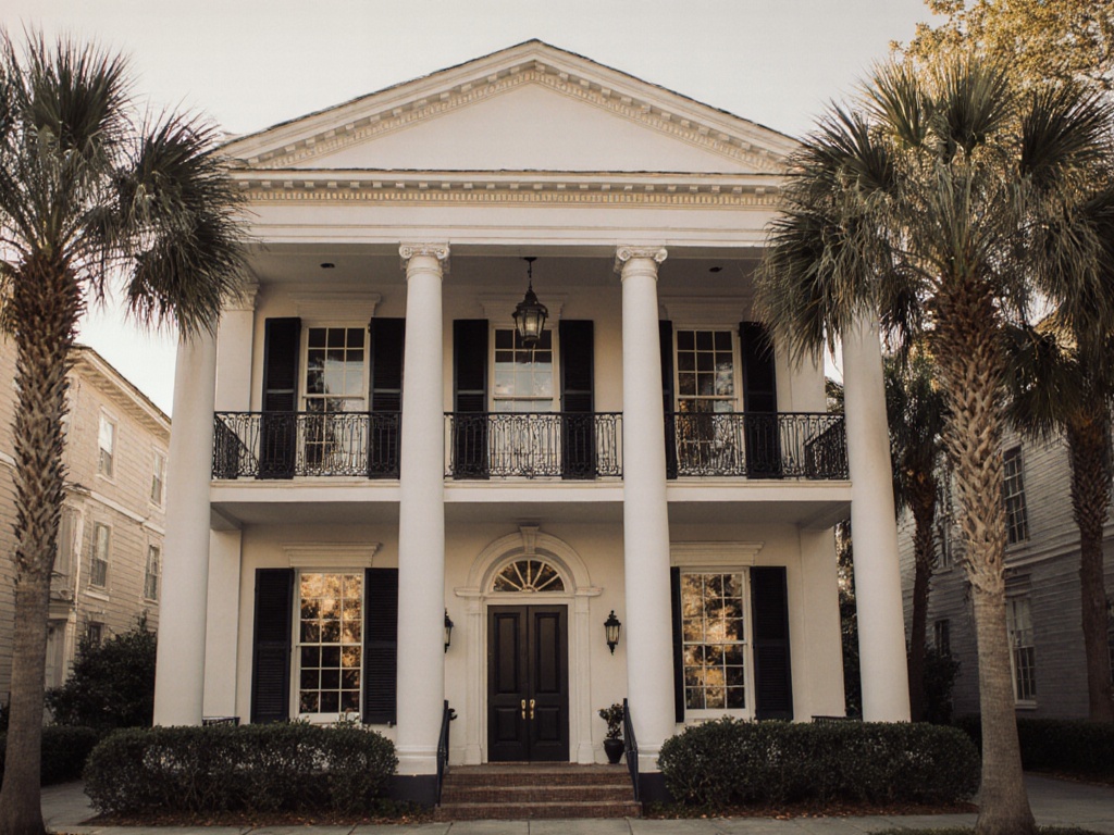 A historic Charleston, SC home with a double piazza and palmettos