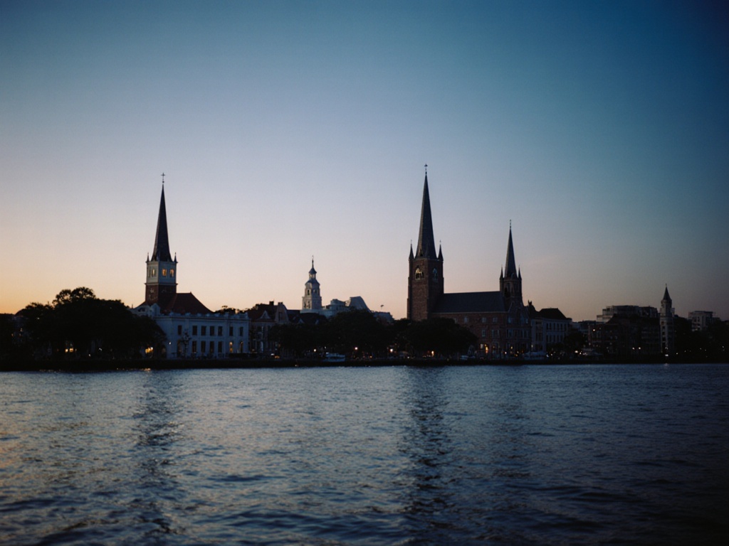 Charleston, SC harbor and historic skyline at blue hour