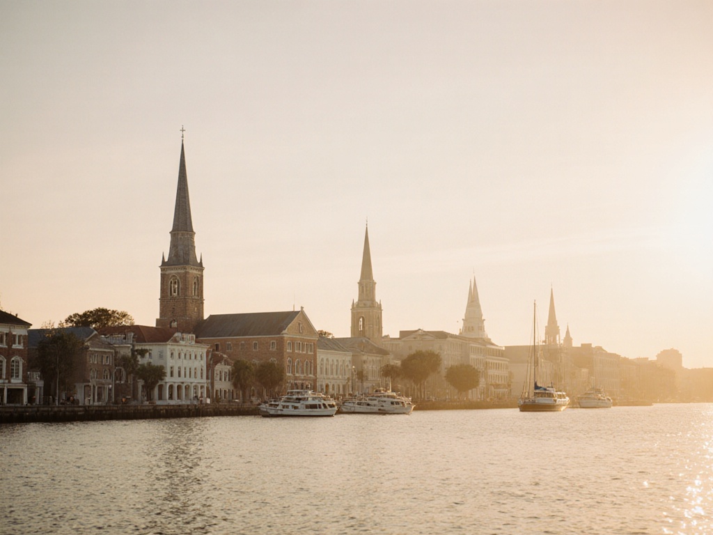 Charleston, SC peninsula skyline from the water at sunrise