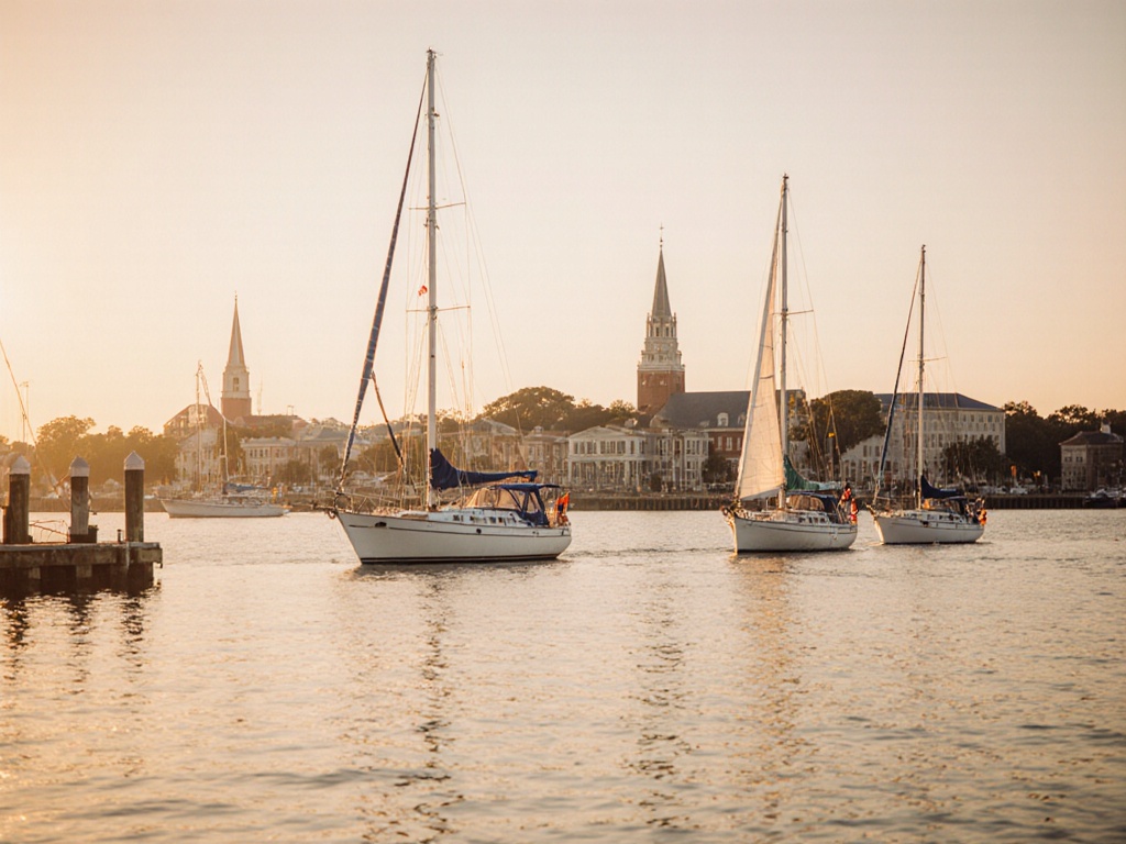Charleston, SC harbor at golden hour with sailboats and historic waterfront