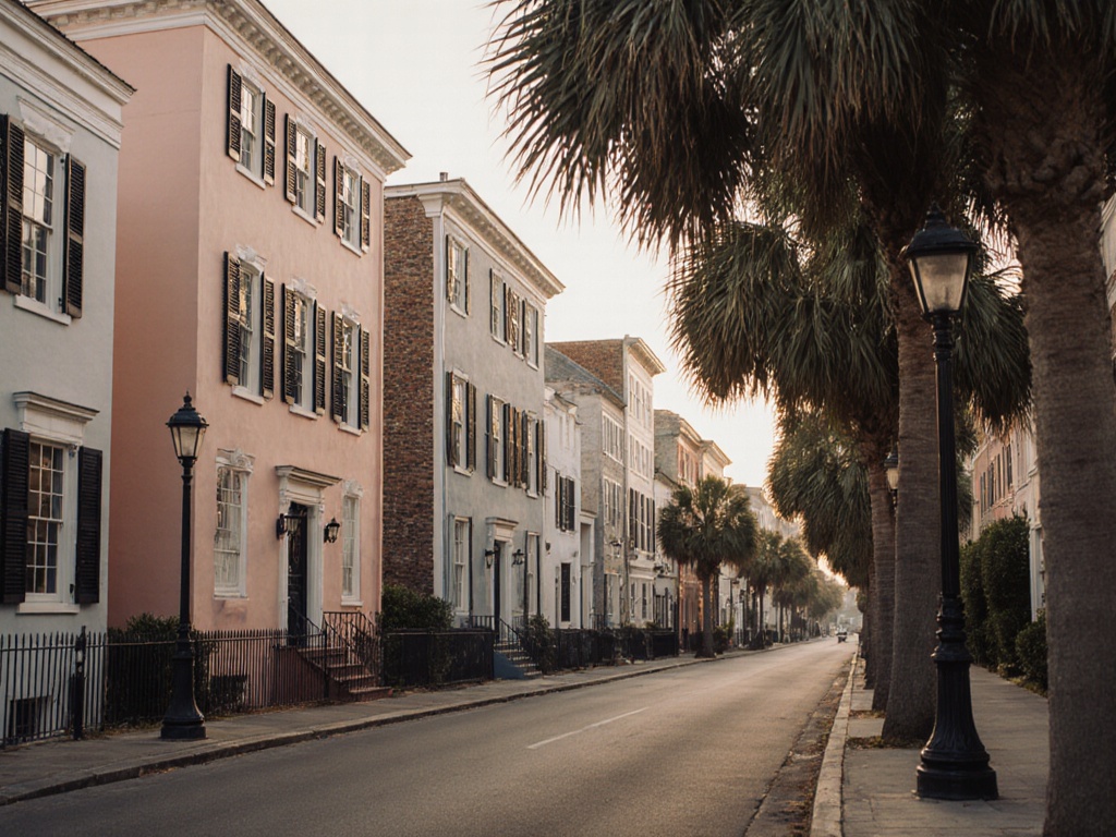 Historic Charleston, SC street with antebellum homes and palmettos