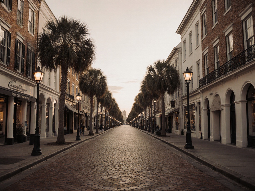 Historic King Street shopping district in Charleston, SC at warm evening light