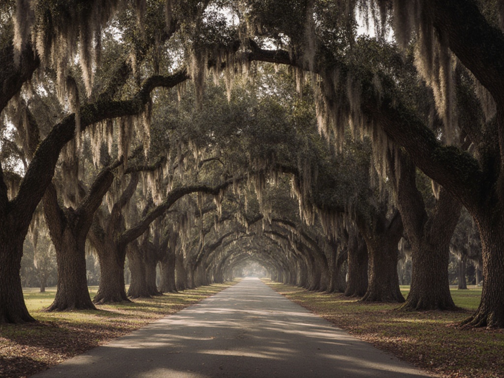 Live oak avenue draped with Spanish moss in the South Carolina Lowcountry